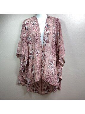 Wallflower Womens Kimono Cardigan Pink Burgundy Floral Pattern Size Large